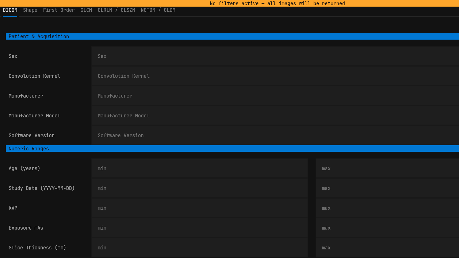 Terminal User Interface for filtering medical images